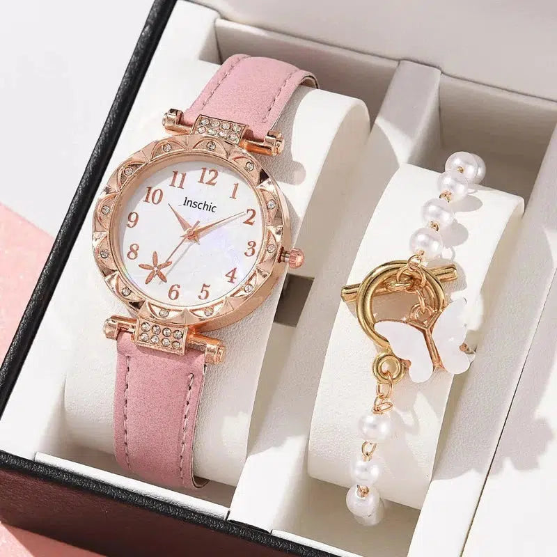 Cheky - Female New Luxury Ladies Watch Bracelet Set Quartz Wristwatch 2 PCS Set Women Watch Clock Gift Leather Strap Reloj Mujer