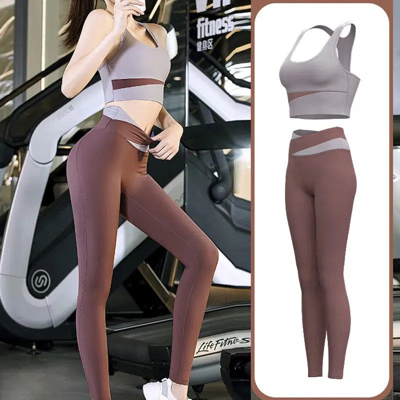 Cheky - High Waist Yoga Set Lady Gym Suit Sport Set Shockproof Sport Bra Crop Top Patchwork Tracksuit Women Fitness Outfit Training Wear