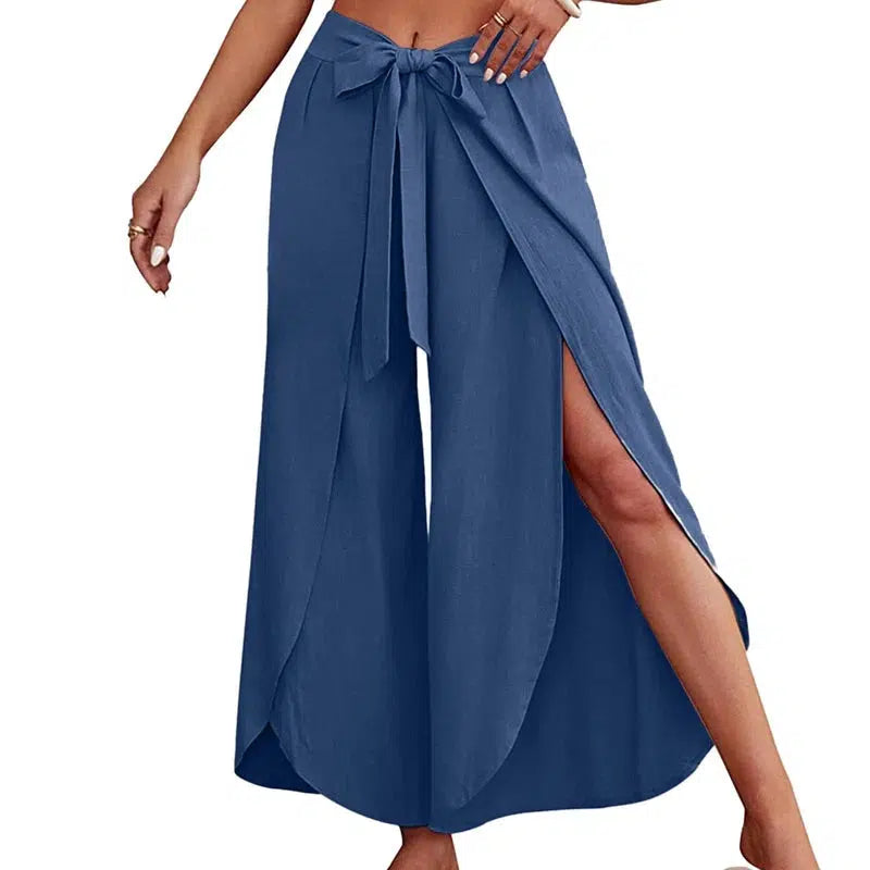 Cheky - Women's Fashion Loose Casual Solid Color High Waist Flowy Wide Leg Pants Front Split Wrap elegant lace-up Length Trousers