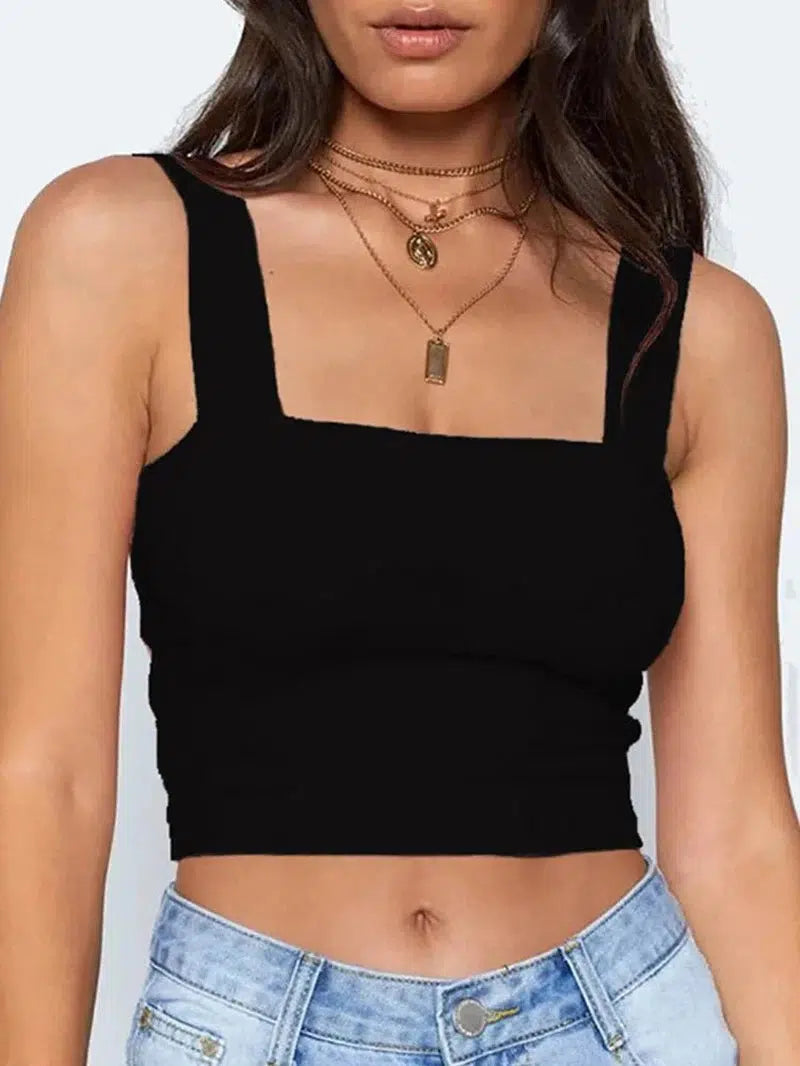 Cheky - Square Neck Sleeveless Summer Crop Top White Women Black Casual Basic T Shirt Off Shoulder Cami Sexy Backless Tank Top