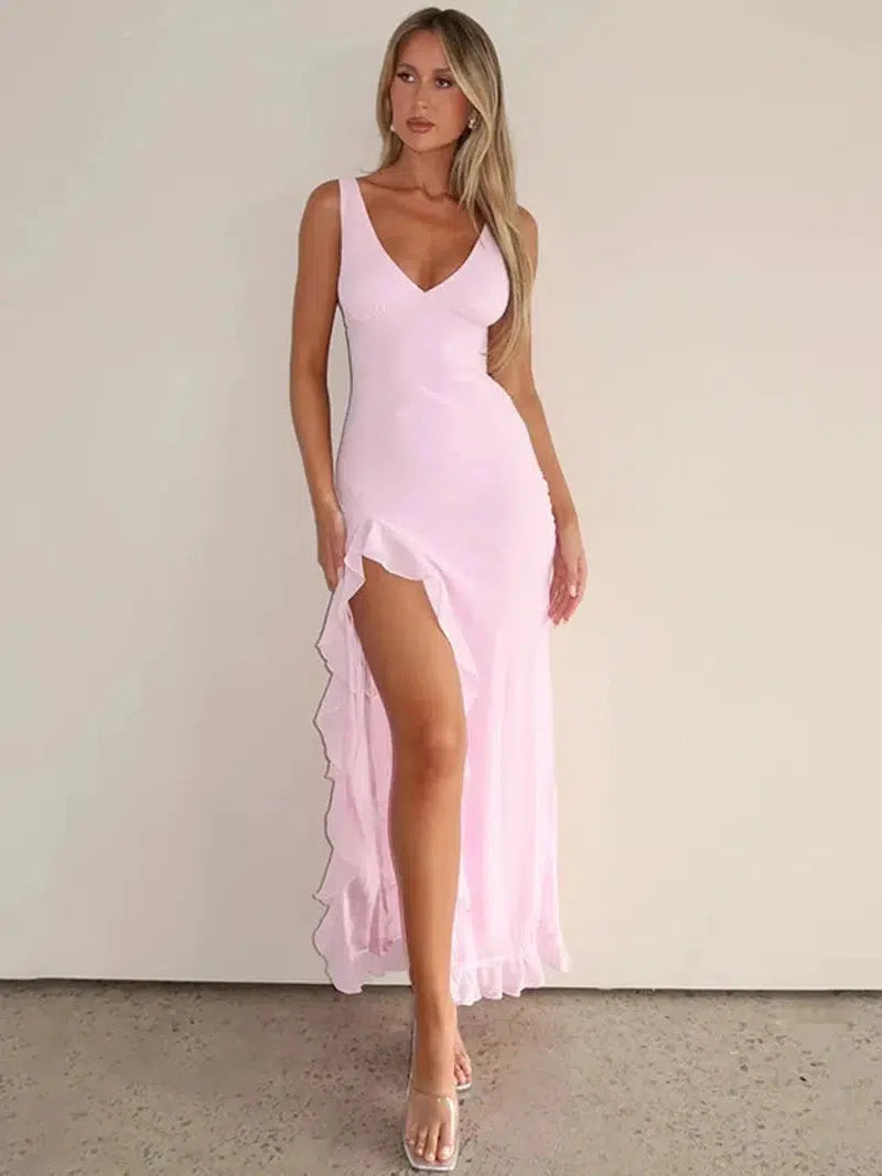 Cheky - Elegant Sleeveless Ruffle Maxi Dress - Sexy Deep V Neck Summer Wear