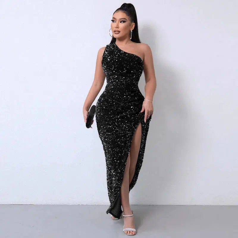 Cheky - Party Dresses For Women Sexy Sequin Night Robe One Shoulder Sleeveless Bodycon Evening Maxi Dress Clothing New Arrivals