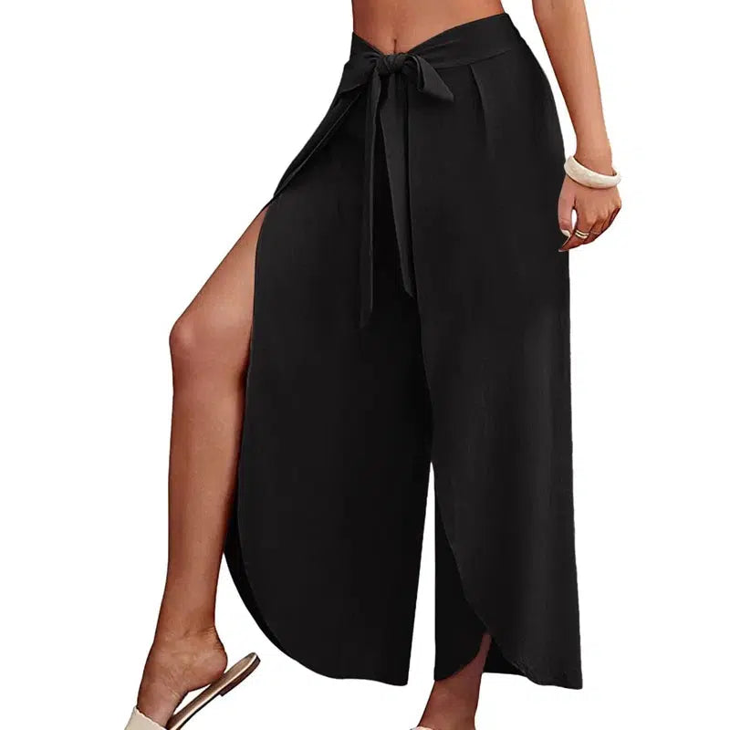 Cheky - Women's Fashion Loose Casual Solid Color High Waist Flowy Wide Leg Pants Front Split Wrap elegant lace-up Length Trousers