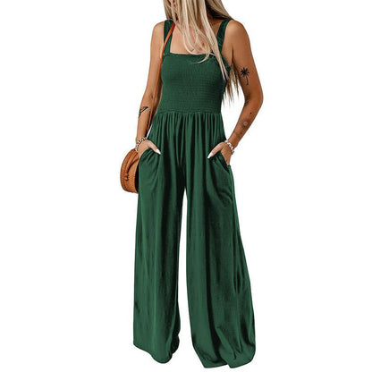 Cheky - Summer Square Neck High Waist Jumpsuit Women's Backless Pleated Design Wide Leg Trousers Clothing