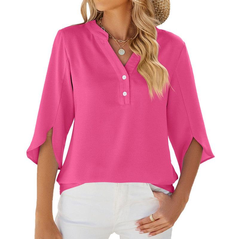 Cheky - Button V-neck Mid-sleeve Chiffon Shirt Solid Color Top Womens Clothing