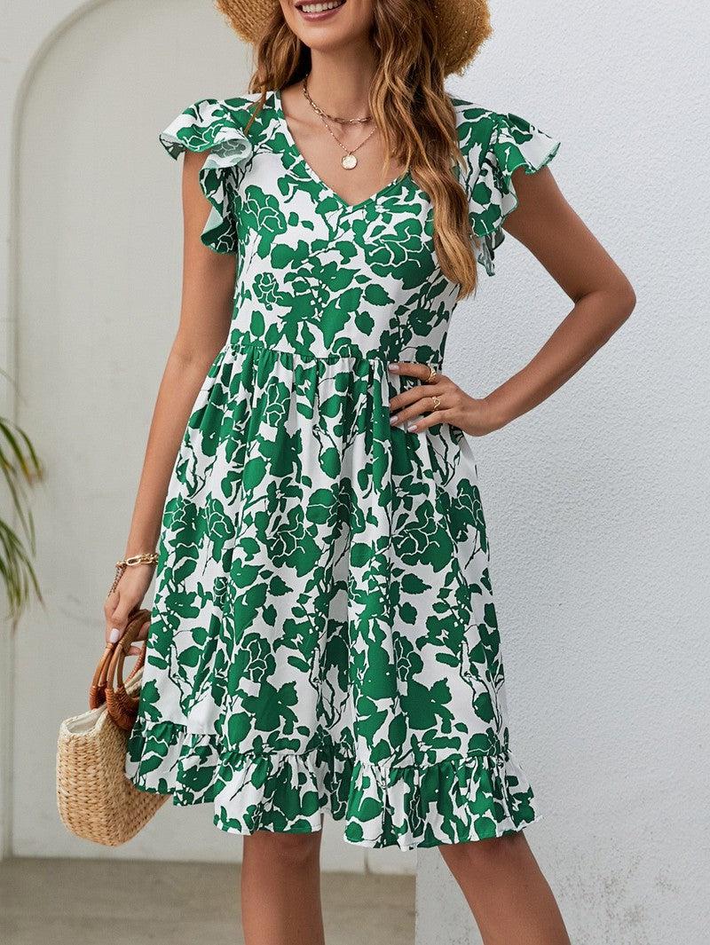 Cheky - Leaf Print Dress Summer V-neck Ruffled Sleeveless A-Line Dresses Fashion Casual Holiday Beach Dress For Womens Clothing