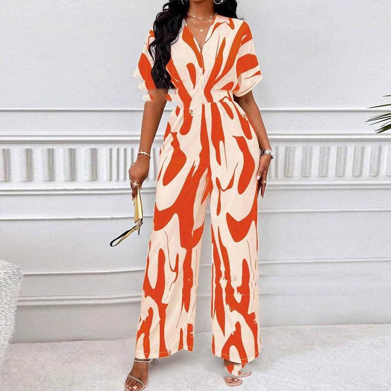 Cheky - V-neck Loose Printed Long Jumpsuit