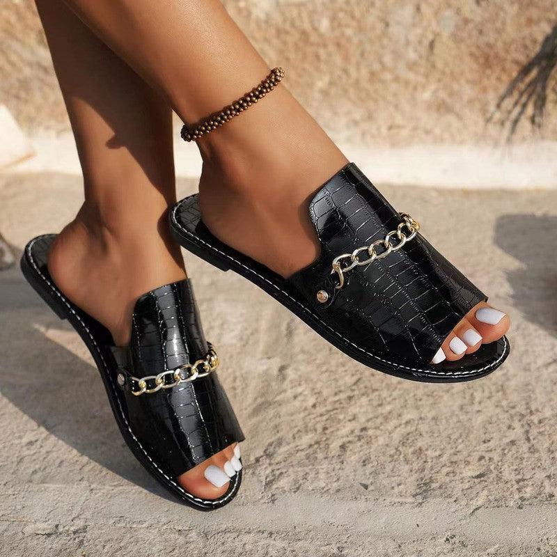 Cheky - Pattern Chains Sandals Summer Fish Mouth Flat Slides Shoes Women Casual Vacation Beach Slippers