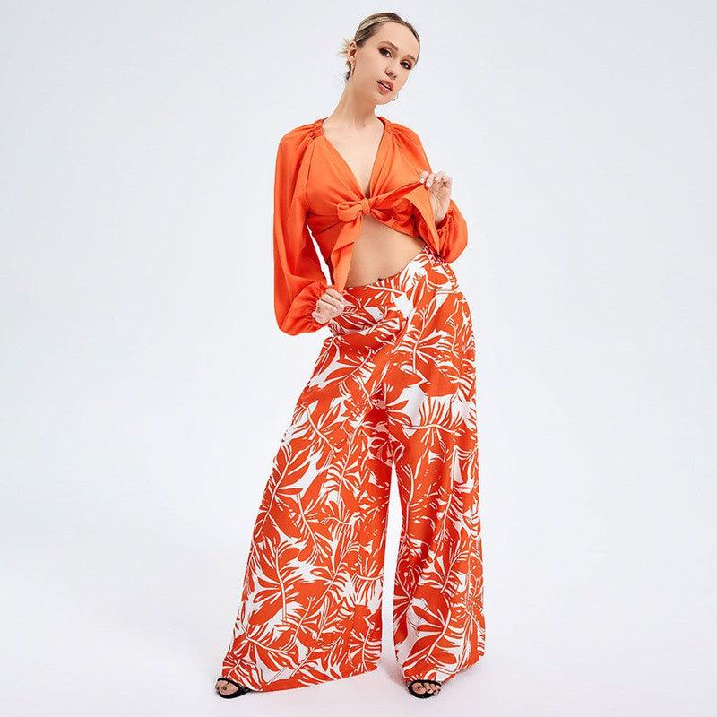 Cheky - New Women's Temperament Print Pants V -neck Long Sleeve Two -piece Suit