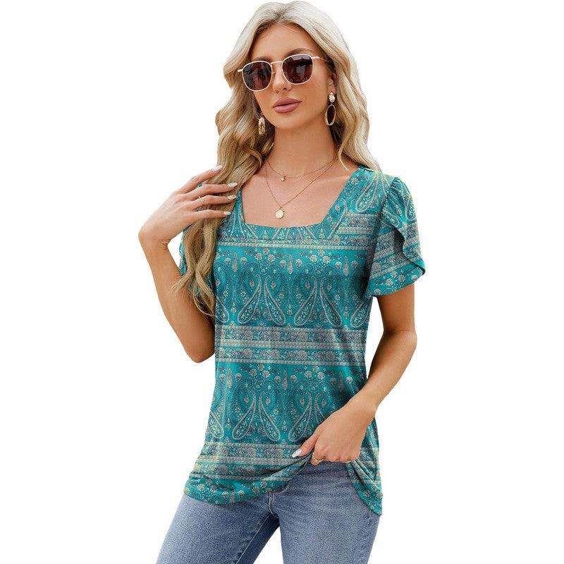 Cheky - Summer Top Fashion Square Neck Printed Short-sleeved T-shirt With Petal Sleeve Design Bohemian Beach Loose T-shirt For Womens Clothing