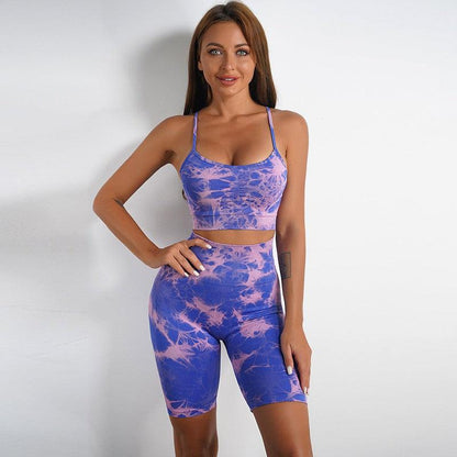 Cheky - Women's Tie-dye Print Yoga Suit Women Fitness Sports High Waist Trousers Or Shorts Set