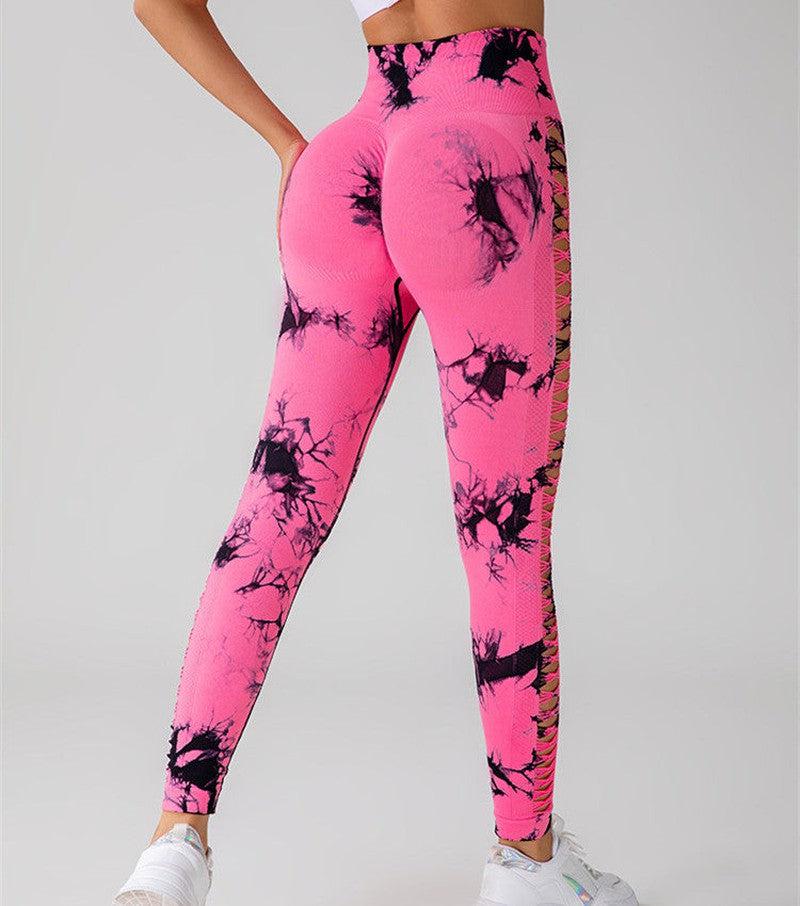 Cheky - Hollow Tie Dye Printed Yoga Pants High Waist Butt Lift Seamless Sports Gym Fitness Leggings Slim Pants For Women Tight Trousers