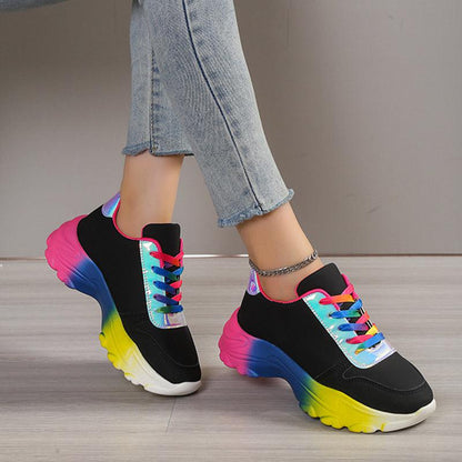 Cheky - INS Style Rainbow Color Sports Shoes For Women Thick Bottom Lace-up Sneakers Fashion Casual Lightweight Running Walking Shoes