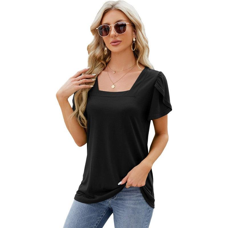 Cheky - Summer Top Fashion Square Neck Printed Short-sleeved T-shirt With Petal Sleeve Design Bohemian Beach Loose T-shirt For Womens Clothing