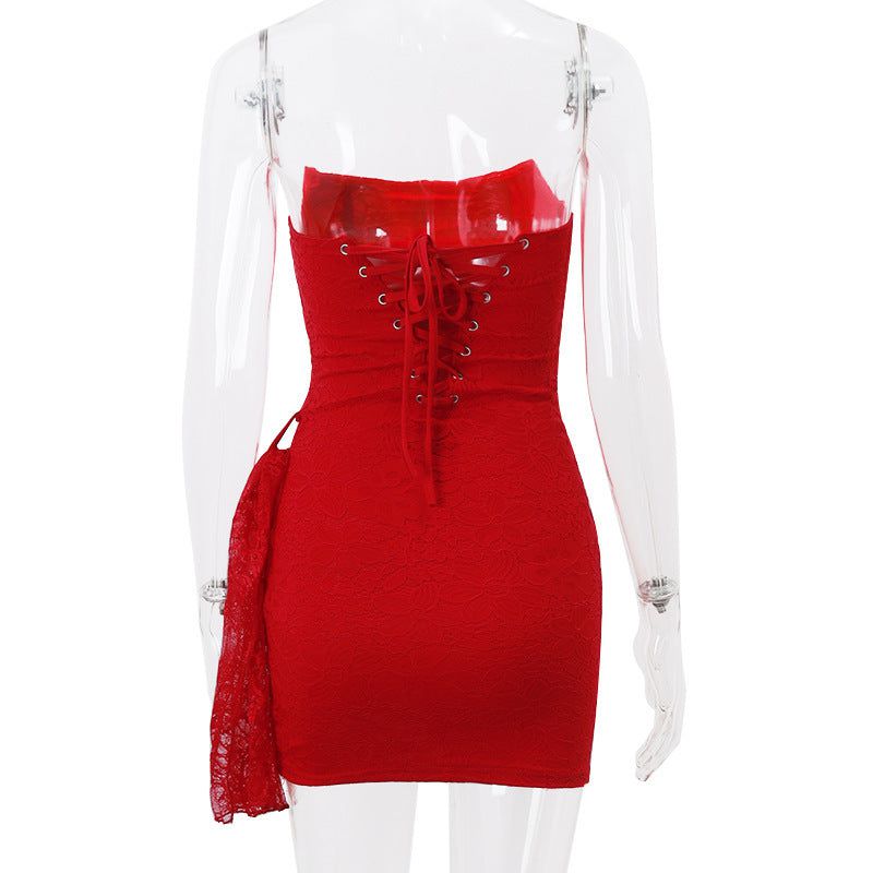 Cheky - Strapless Lace Dress Party Women Fashion And Sexy Slim Skirt With Back Lace-up Design