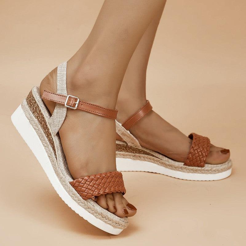 Cheky - Summer Thick-soled Braided Design Sandals New Fashion Casual Linen Buckle Wedges Shoes For Women