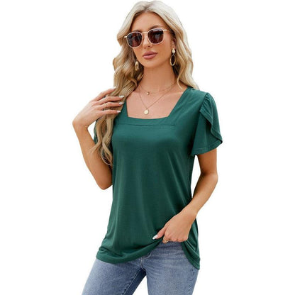 Cheky - Summer Top Fashion Square Neck Printed Short-sleeved T-shirt With Petal Sleeve Design Bohemian Beach Loose T-shirt For Womens Clothing