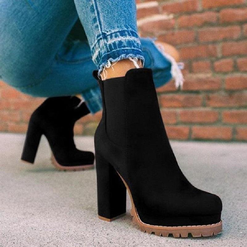 Cheky - Round-toe Ankle Boots Solid Leopard Print Thick Square High Heel Shoes Ladies Casual Fashion Autumn Winter Suede Dress Party Boots