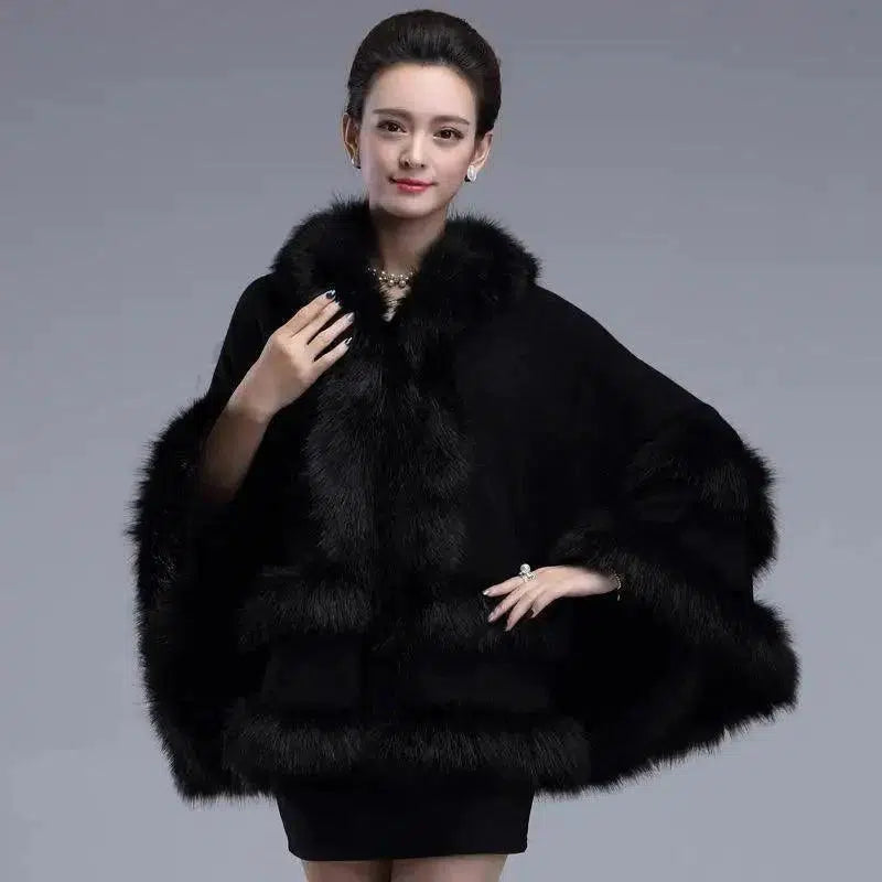 Cheky - Autumn And Winter New Style Fox Fur Hooded Cape Cape Ladies