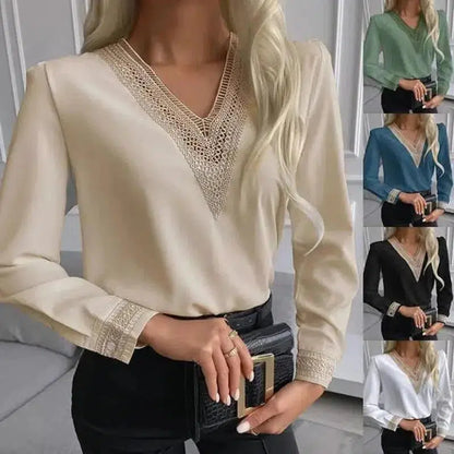 Cheky - Autumn New Style Lace Long-Sleeved V-Neck Shirt