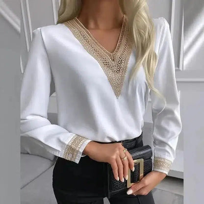 Cheky - Autumn New Style Lace Long-Sleeved V-Neck Shirt