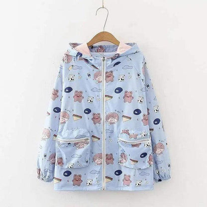 Cheky - Big Girl Cute Printed Trench Coat Loose Hooded Jacket