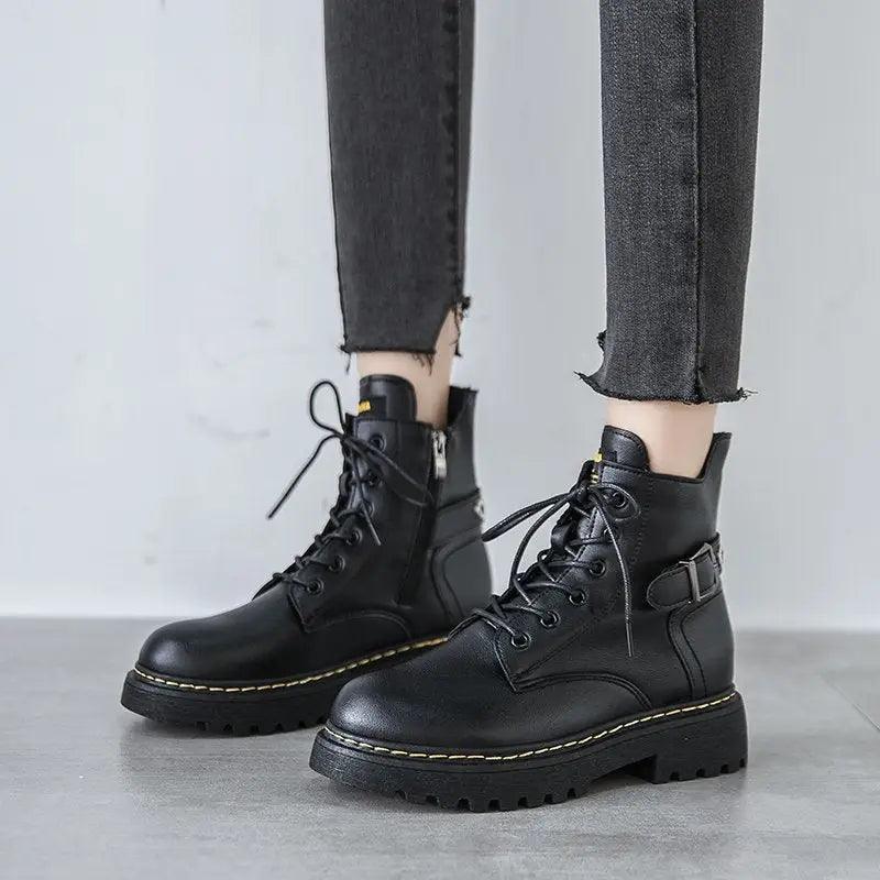 Cheky - British style Martin boots women thick-soled Harajuku black short boots