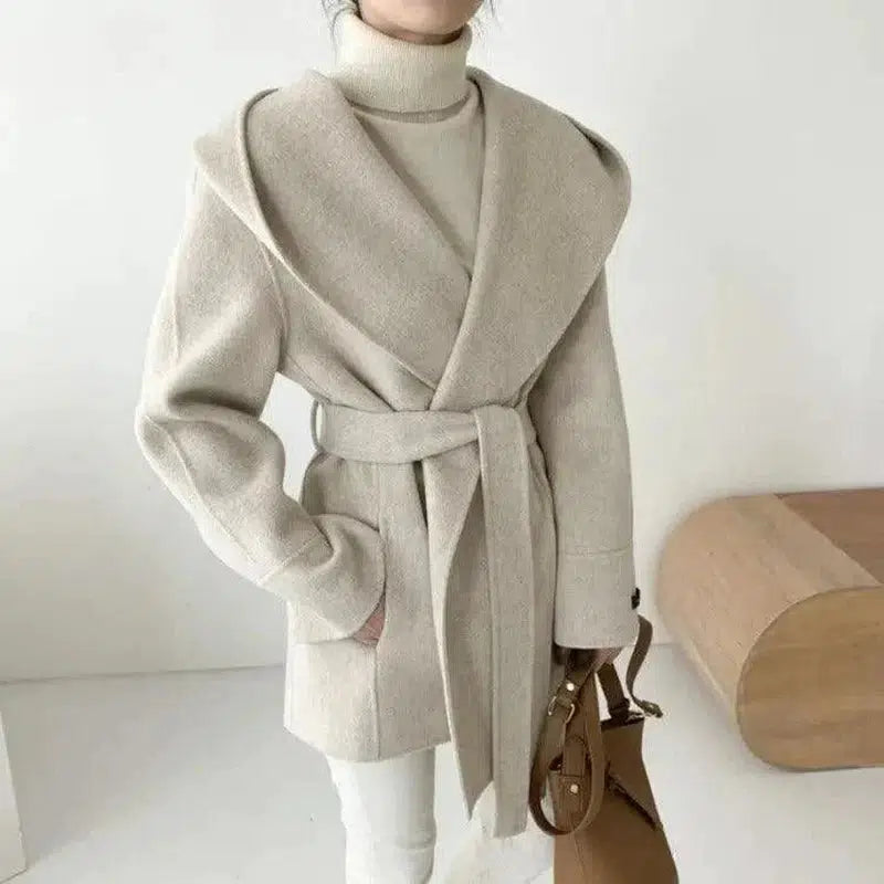 Cheky - Cardigan hooded mid-length woolen coat