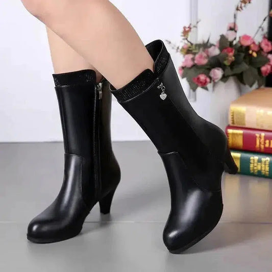 Cheky - Chic Heart Charm Zipper High Heel Boots - Versatile Winter Fashion