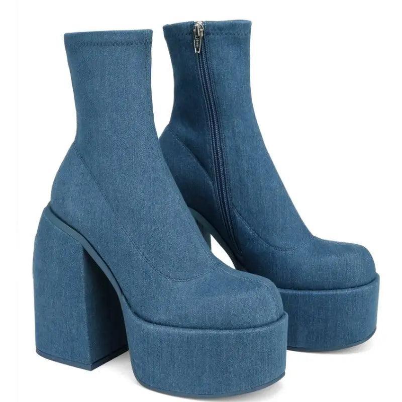 Cheky - Chunky Boots Fashion High Heel Shoes With Side Zipper Women