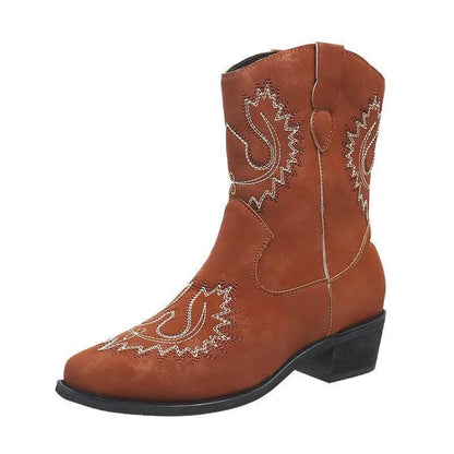 Cheky - Embroidery Western Boots Chunky Mid Heel Cowboy Boots Women Shoes