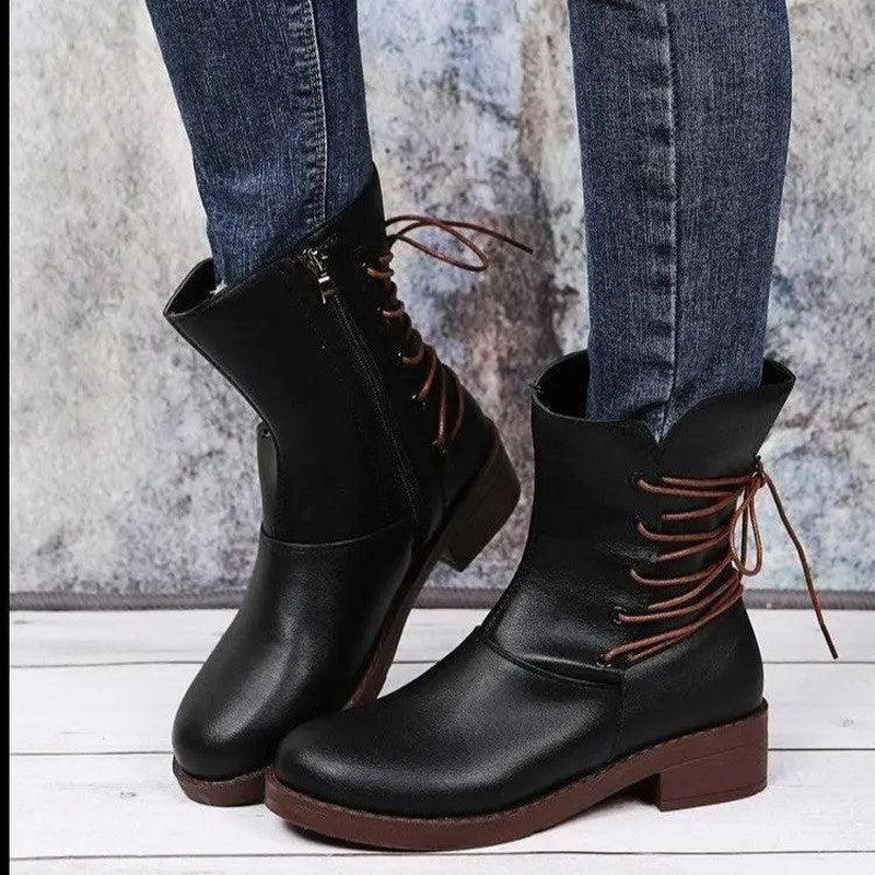 Cheky - Fashion New Round Head Belt Buckle Thick Heel Martin Boots Women