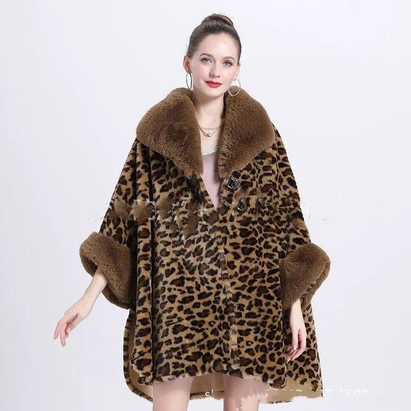 Cheky - Leopard Print Big Hair Leader Mouth Cardigan Cape Women