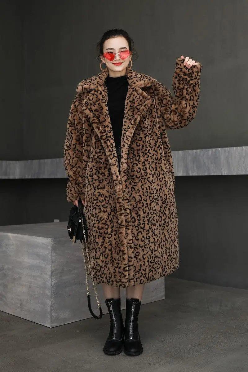 Cheky - Leopard print oversized suit collar fur coat