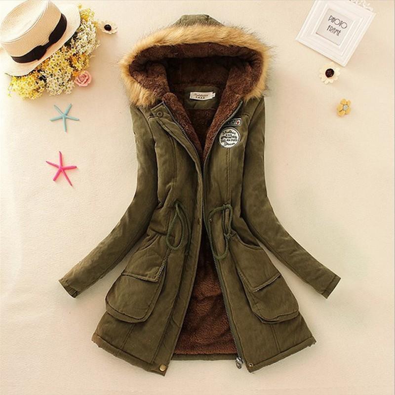 Cheky - Long Women's Cotton-Padded Jacket With Wool Collar