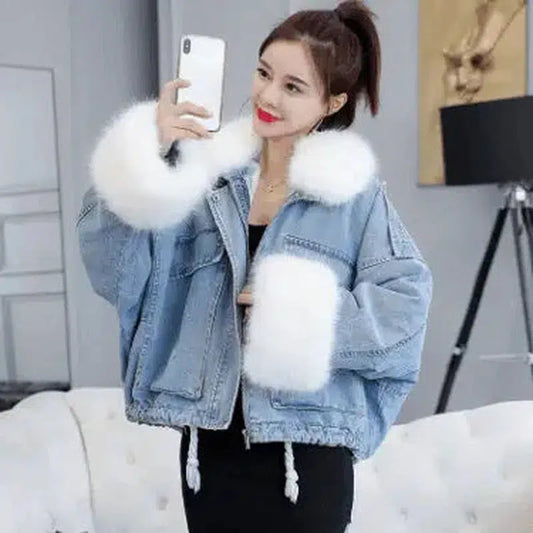 Cheky - Detachable rabbit fur two-piece denim coat