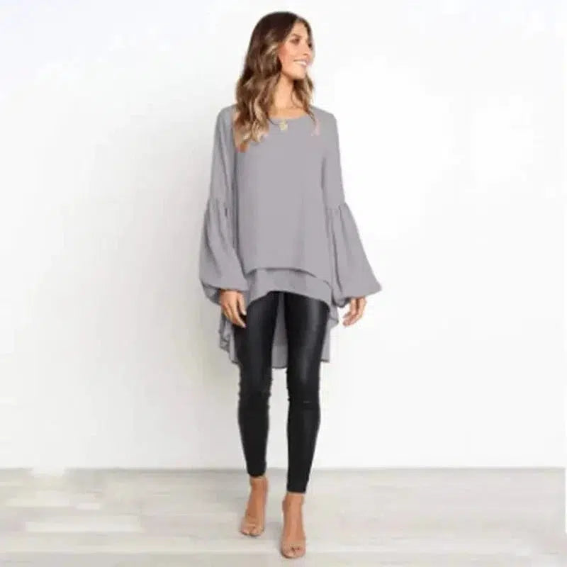 Cheky - Round Neck Lantern Sleeve Irregular Ladies Top