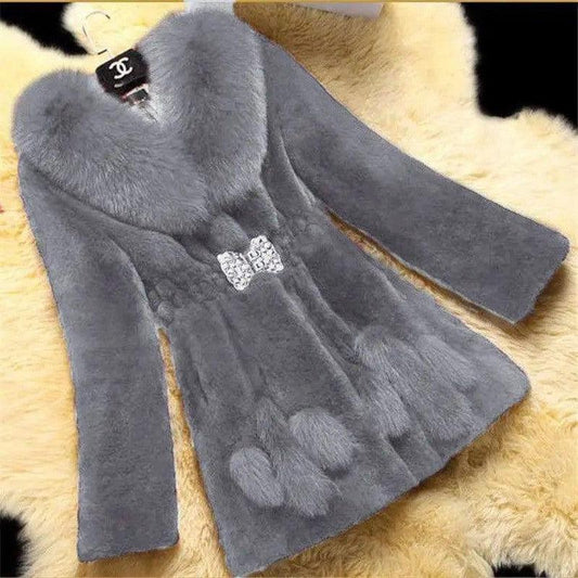 Cheky - Luxurious Mid-Length Mother Coat with Fox Fur Collar