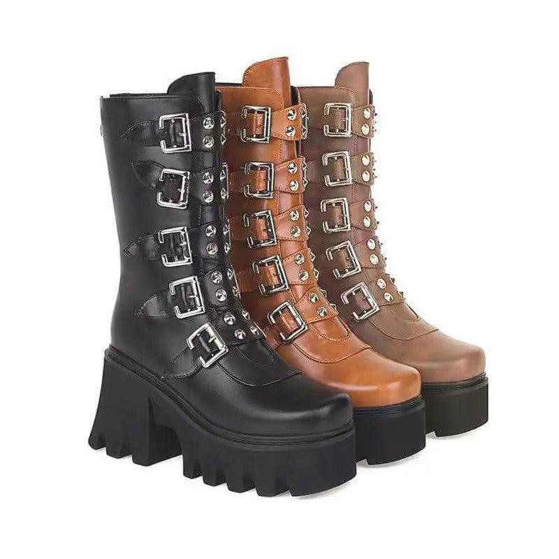 Cheky - Medium Tube Motorcycle Thick-soled Martin Boots Women