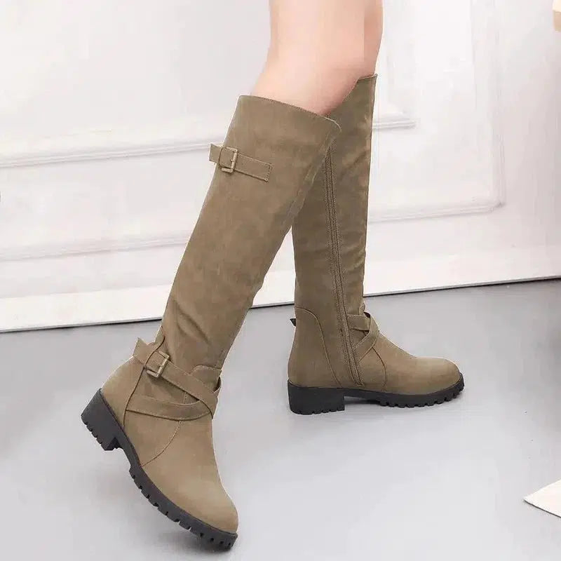 Cheky - New High Boots Women Retro One-Step Boots Round Toe Thick Heel