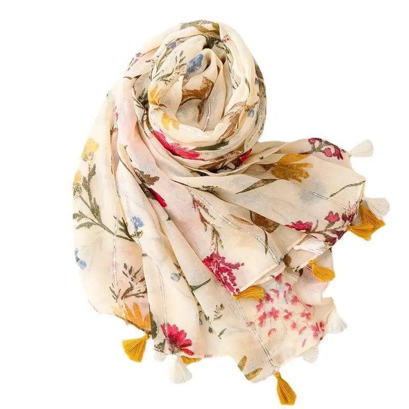 Cheky - Retro Style Rice Coffee Flower With Sequin Scarf Travel Sunscreen Long Style