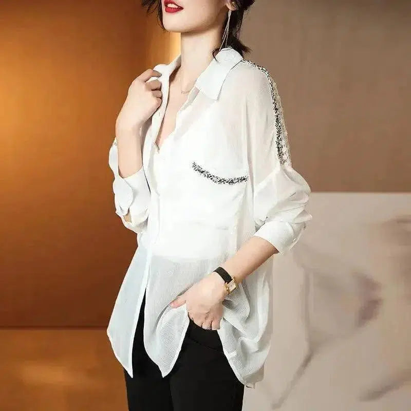 Cheky - Summer Shirt Hollow Sexy Shirt Single-breasted Chiffon Shirt