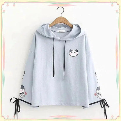 Cheky - Sweet And Cute Childlike Cat Print Lace Cotton Loose Casual