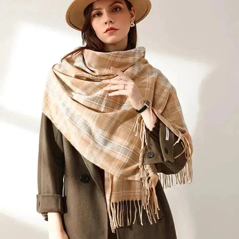 Cheky - Women's Fashionable Plaid Printed Tassel Shawl Warm Scarf