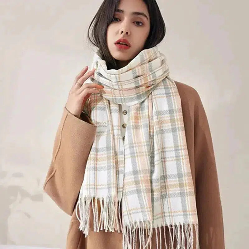 Cheky - Women's Fashionable Plaid Printed Tassel Shawl Warm Scarf