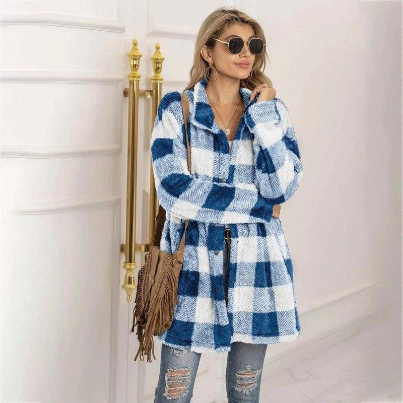 Cheky - Women's Long-sleeved Plaid Print Mid-length Shirt Jacket