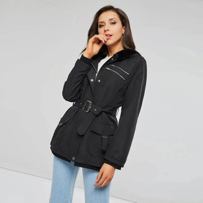 Cheky - Zipper belt hooded trench coat